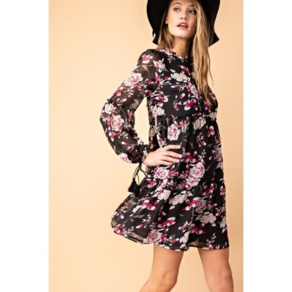 Davi & Dani Black Floral Long Sleeve Dress - Picture 4 of 11